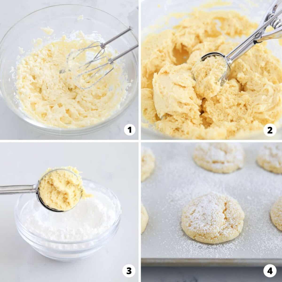 Showing how to make gooey butter cookies in a 4 step collage.