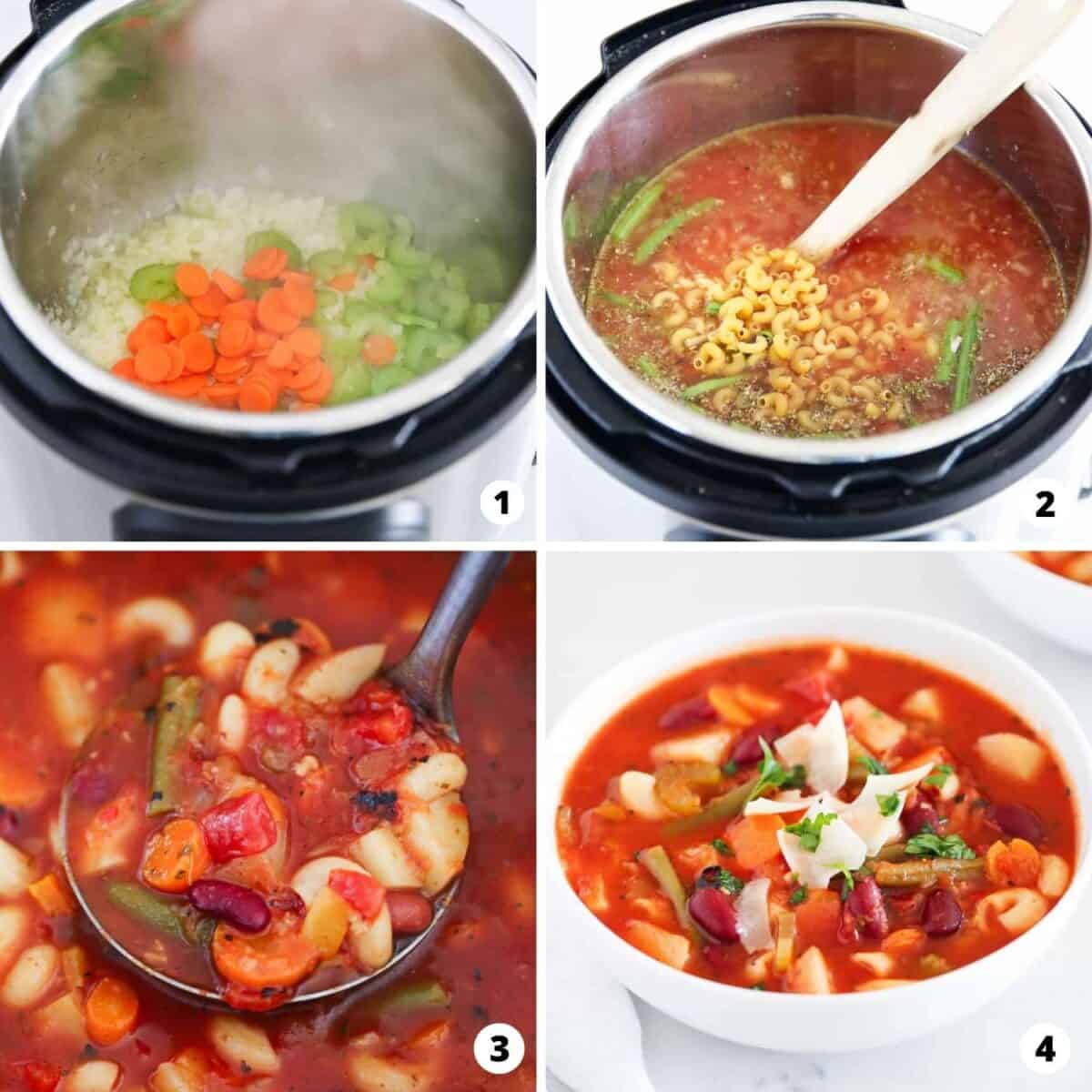 Showing how to make instant pot minestrone soup in a 4 step collage.