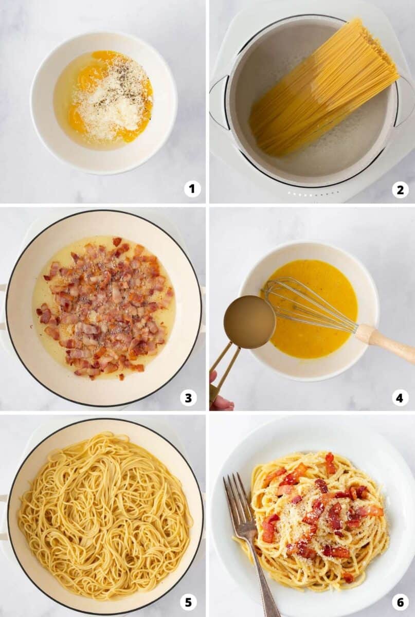 Showing how to make pasta carbonara in a 6 step collage.