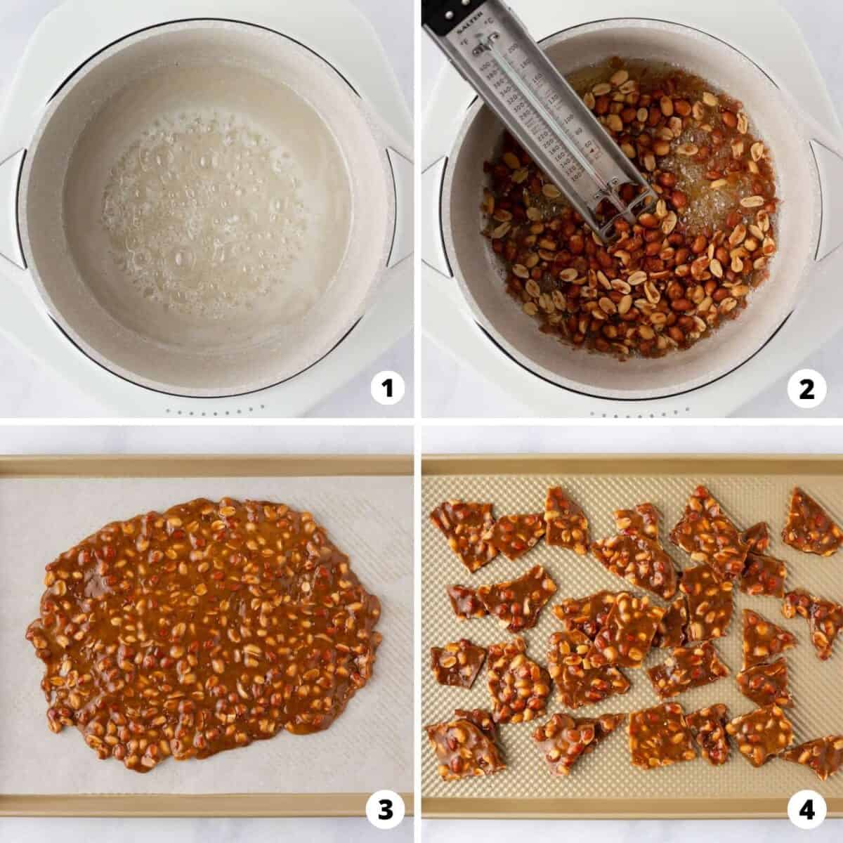 Showing how to make peanut brittle in a 4 step collage.