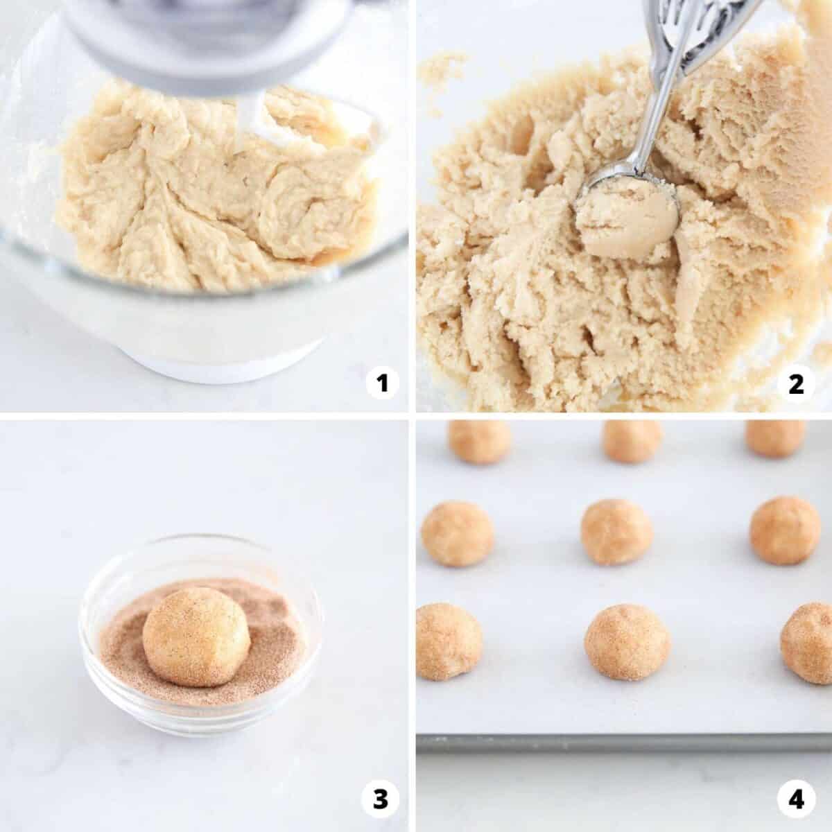 Showing how to make snickerdoodle cookies in a 4 step collage.