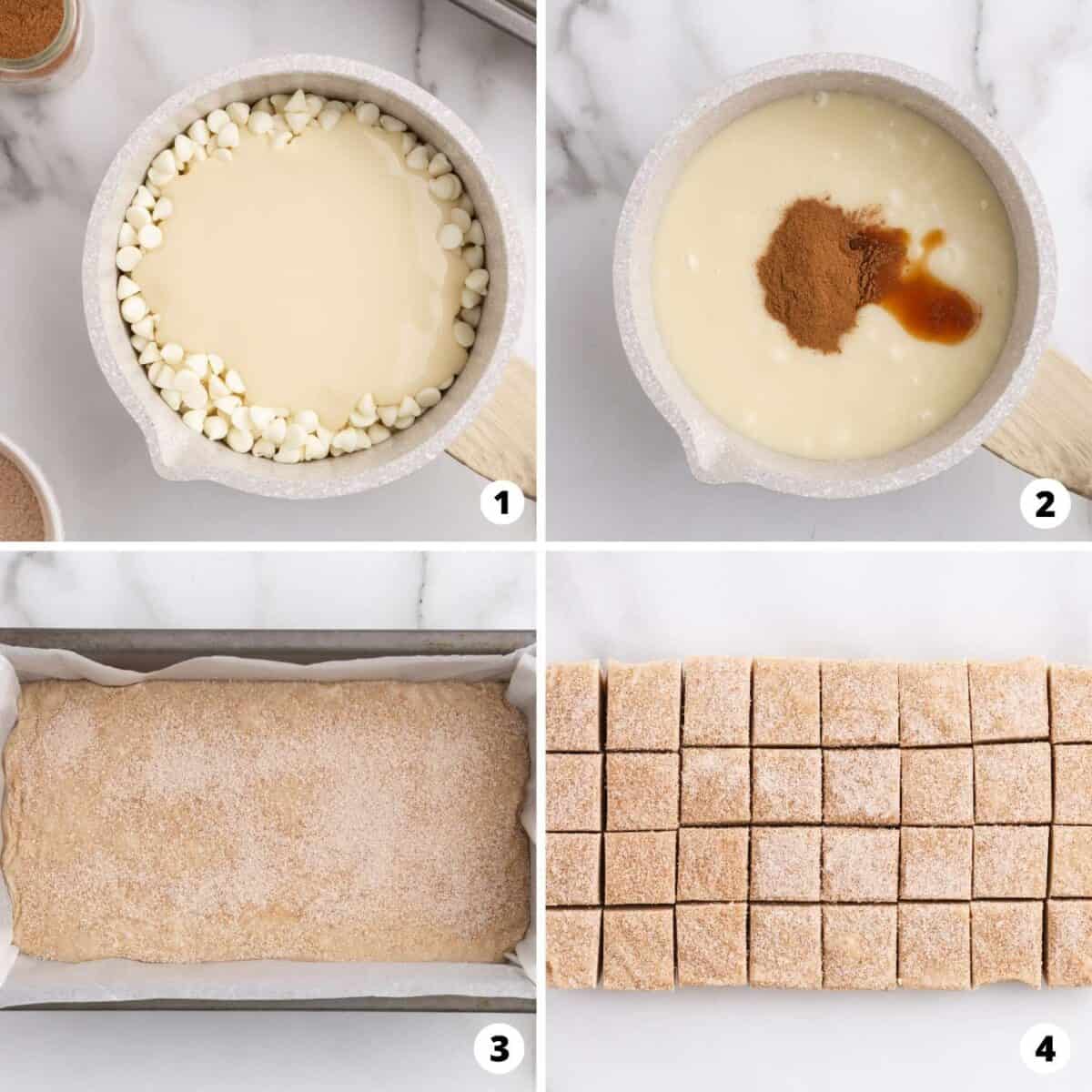 Steps showing how to make snickerdoodle fudge.