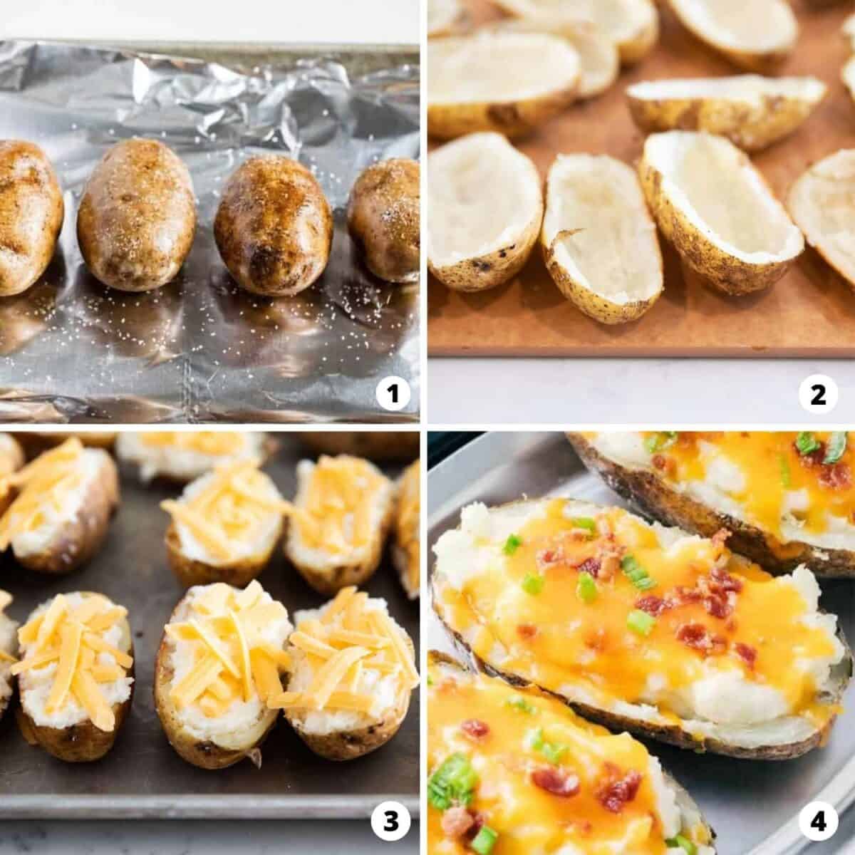Showing how to make twice baked potatoes in a 4 step collage.