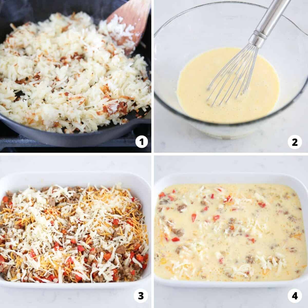 Showing how to make hashbrown breakfast casserole in a 4 step collage.