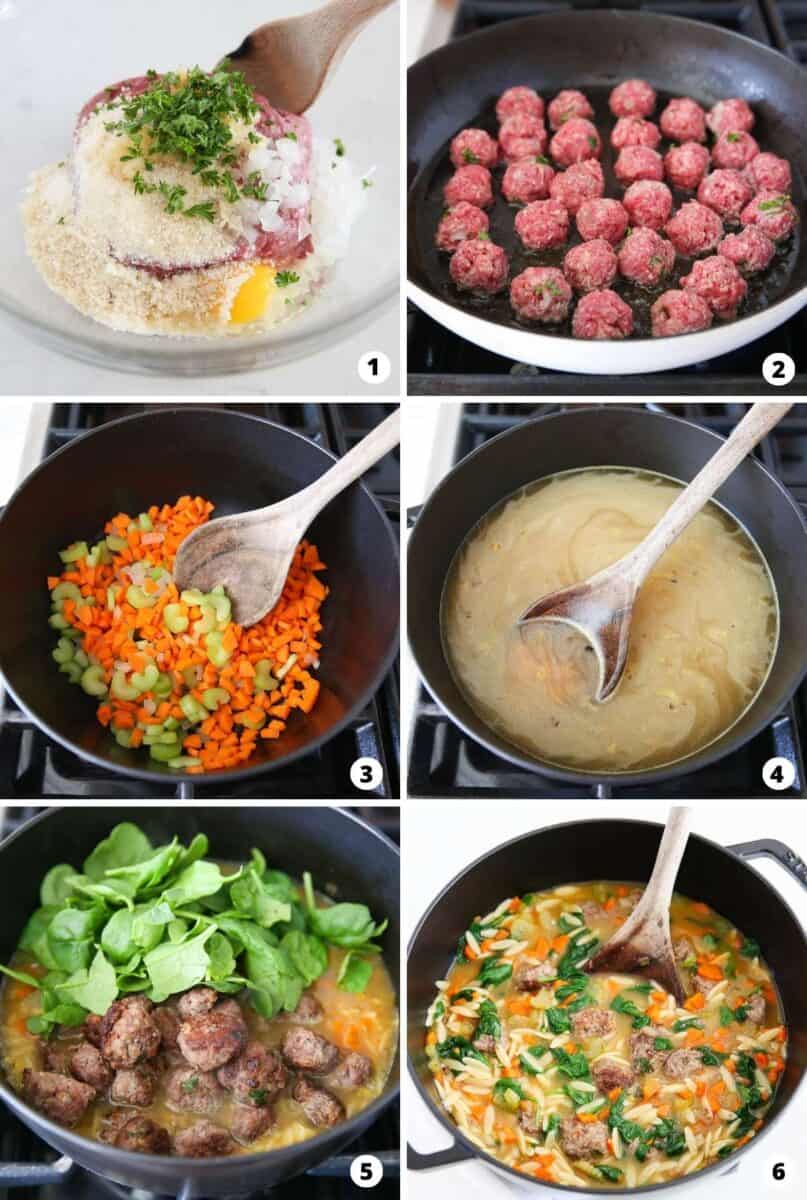 Showing how to make Italian Wedding soup in a 6 step collage.