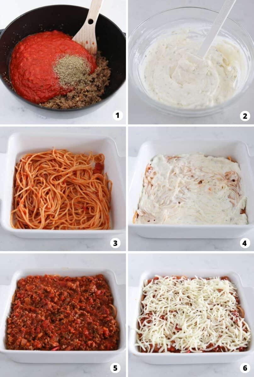 Showing how to make million dollar spaghetti casserole in a 6 step collage.