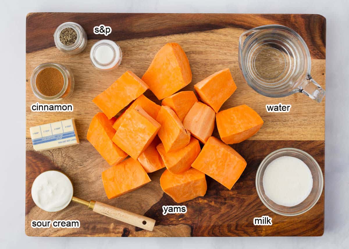 Mashed sweet potato ingredients on countertop. 