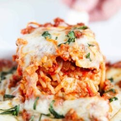 Slice of million dollar spaghetti casserole.