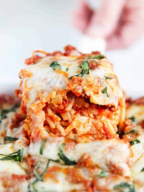 Slice of million dollar spaghetti casserole.