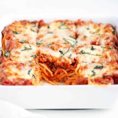 Million dollar spaghetti casserole on counter.