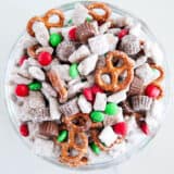 Reindeer chow in glass bowl.