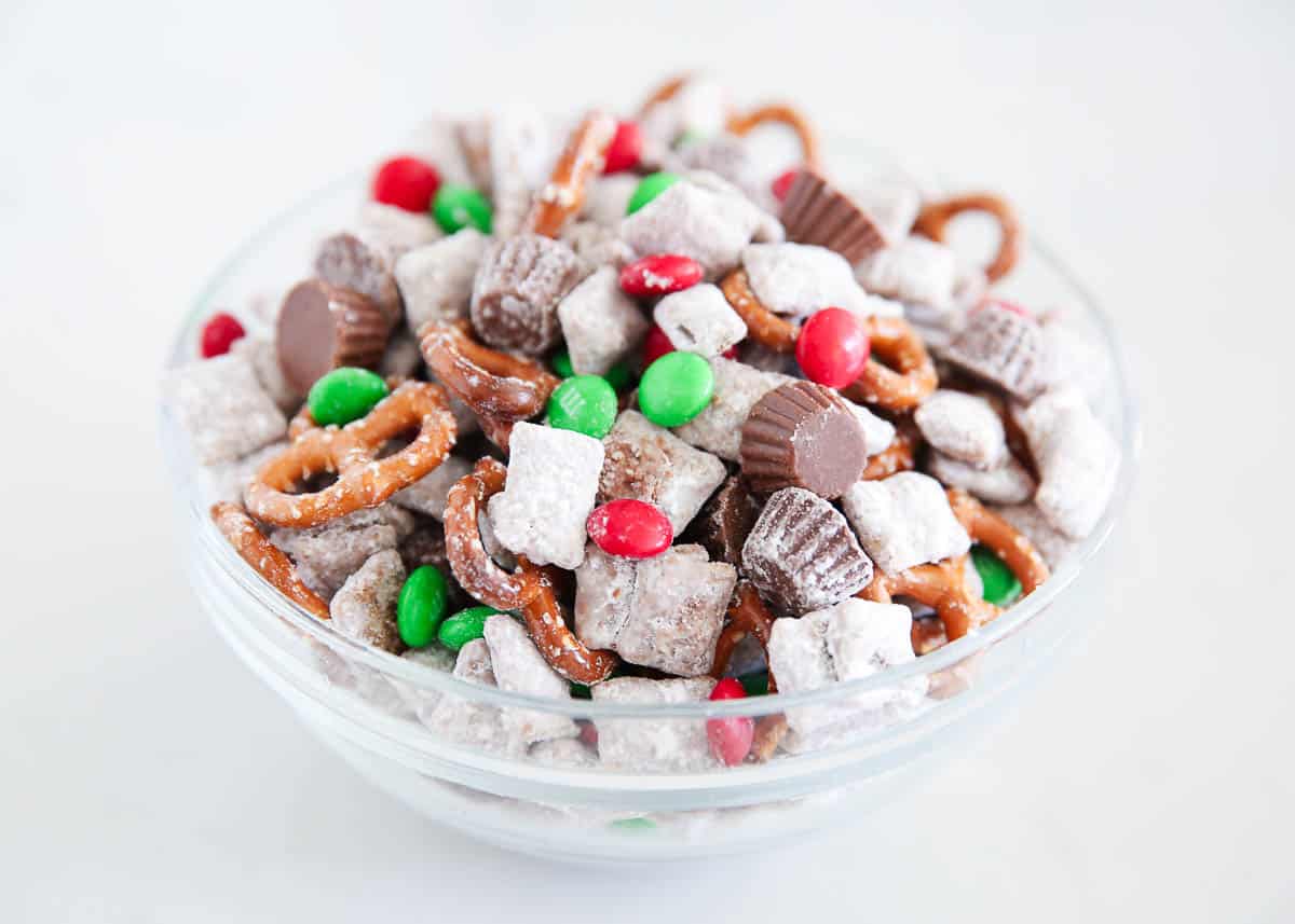 Reindeer chow in a glass bowl.