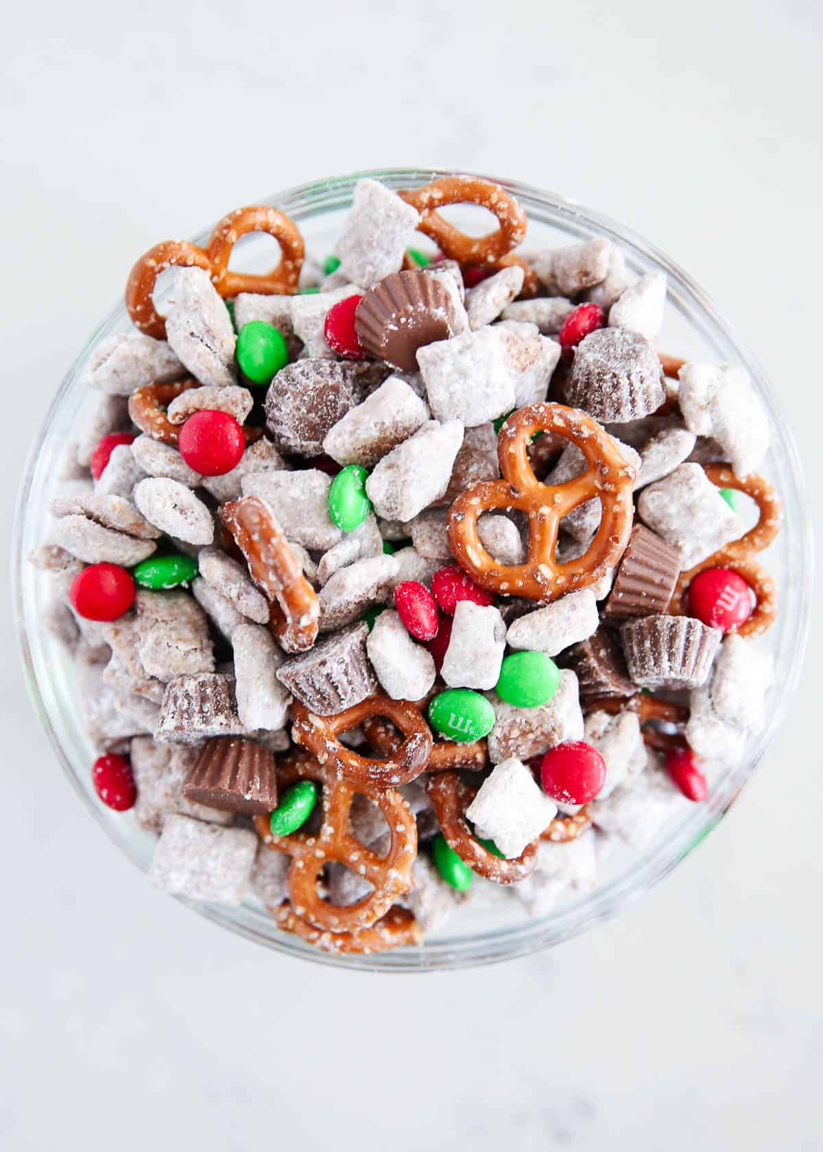 Reindeer chow in glass bowl.
