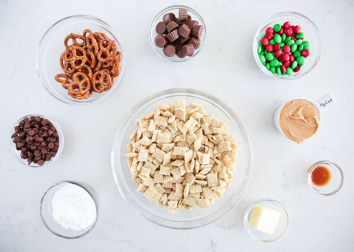 Reindeer chow ingredients on counter.