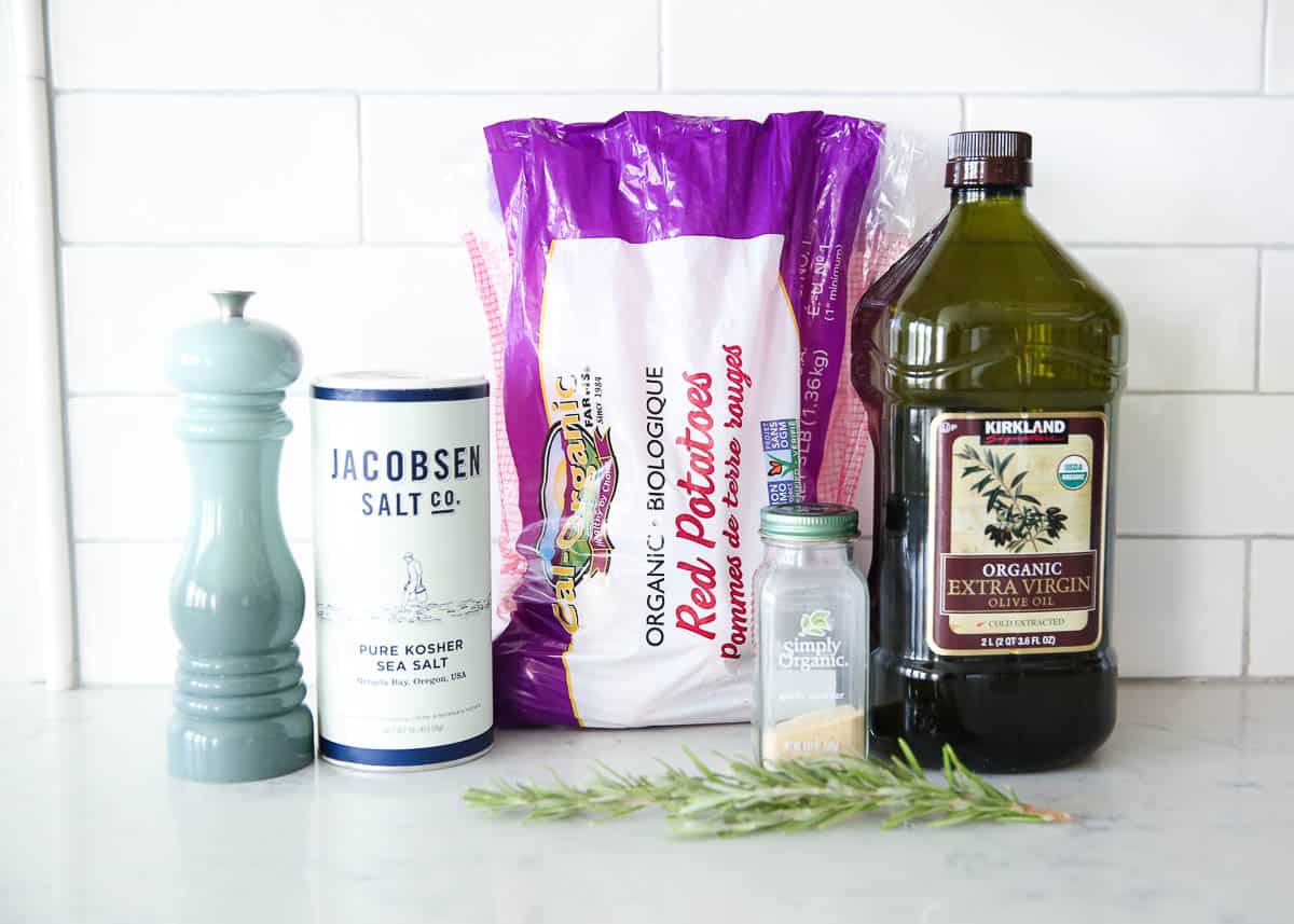 Rosemary roasted potato ingredients on counter.