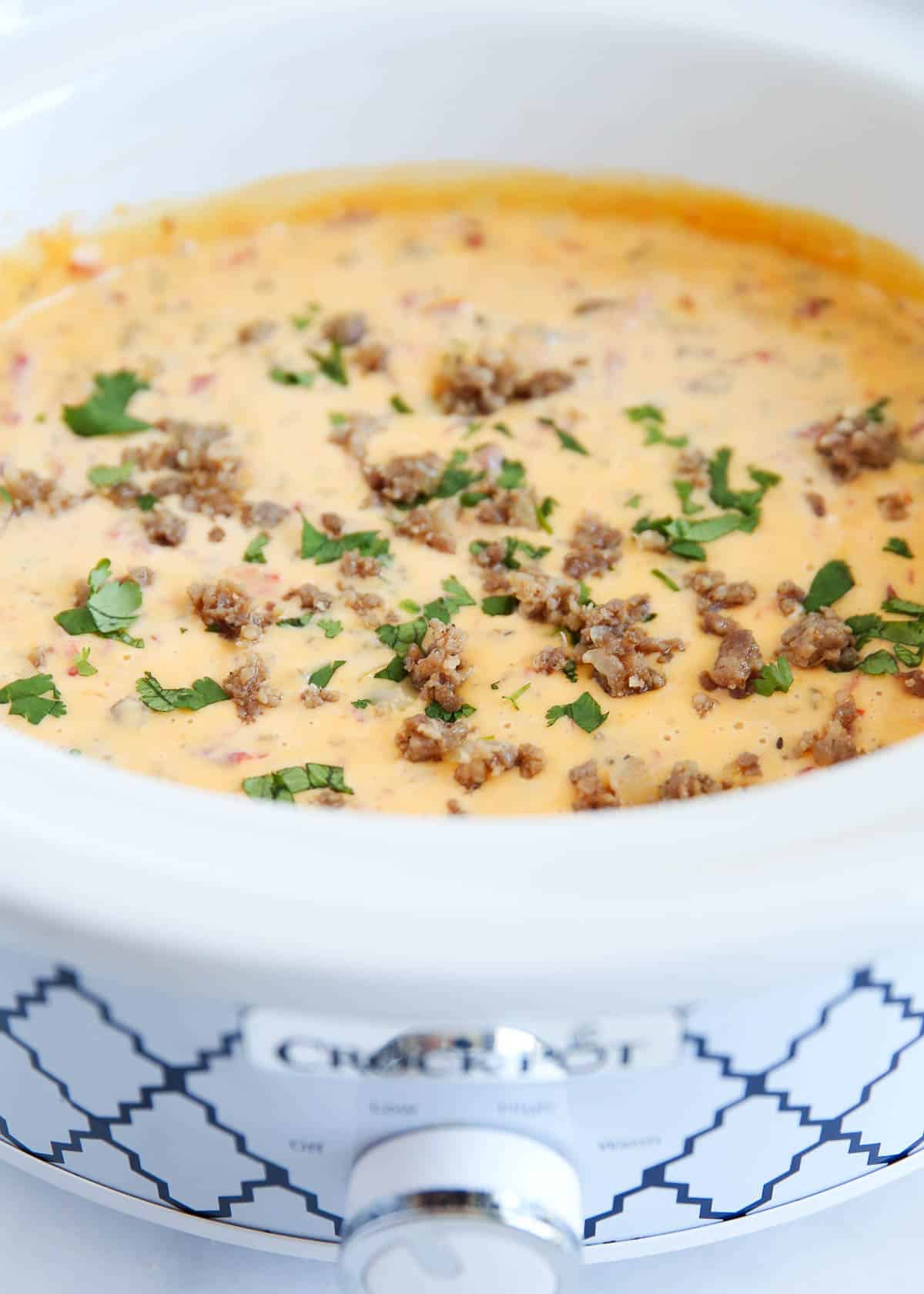 Rotel sausage dip in a crockpot. 