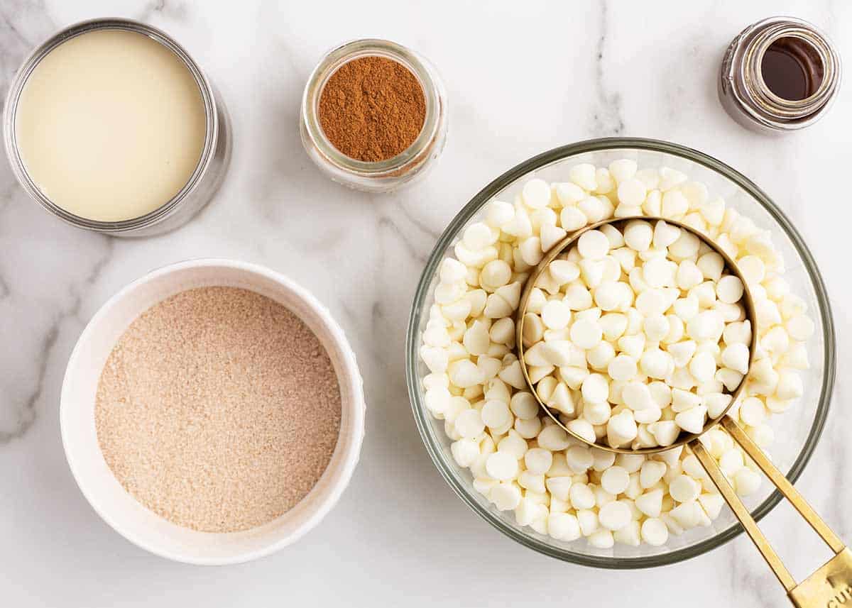 Snickerdoodle fudge ingredients on counter.