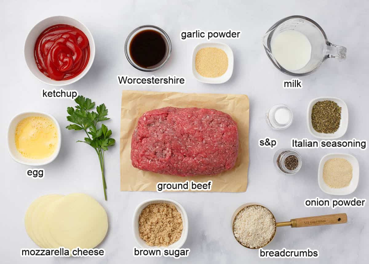 Stuffed meatloaf ingredients on counter.