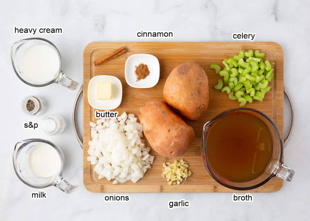 Sweet potato soup ingredients on counter.