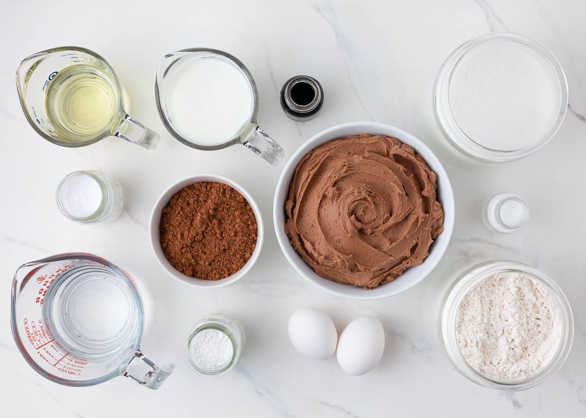 Chocolate cupcake ingredients on counter.
