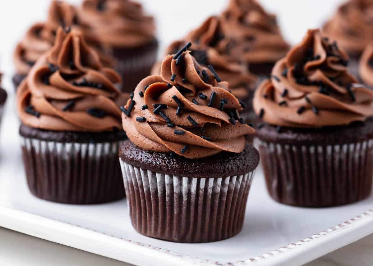 Chocolate cupcakes from scratch with chocolate frosting. 