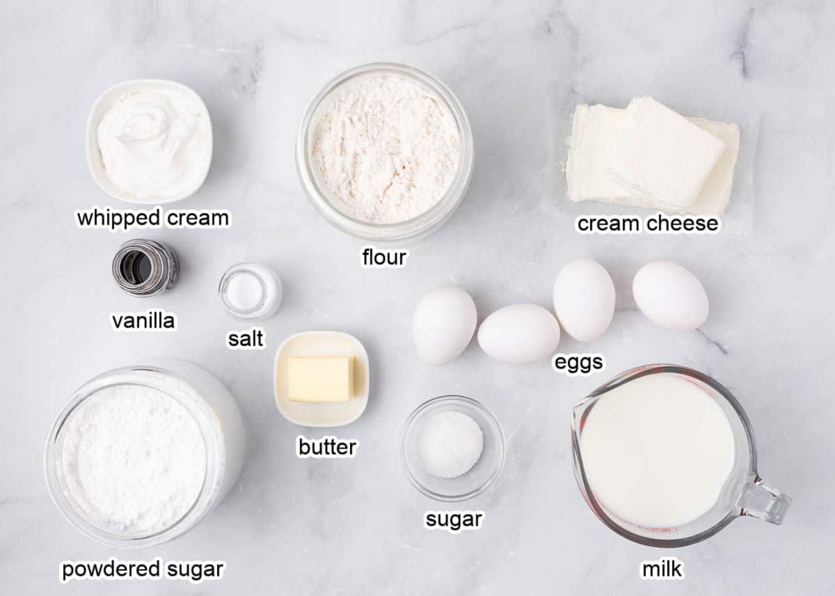 Crepe cake ingredients on counter.