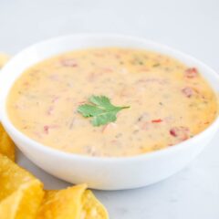 Bowl of creamy Rotel sausage dip served with tortilla chips on the side.