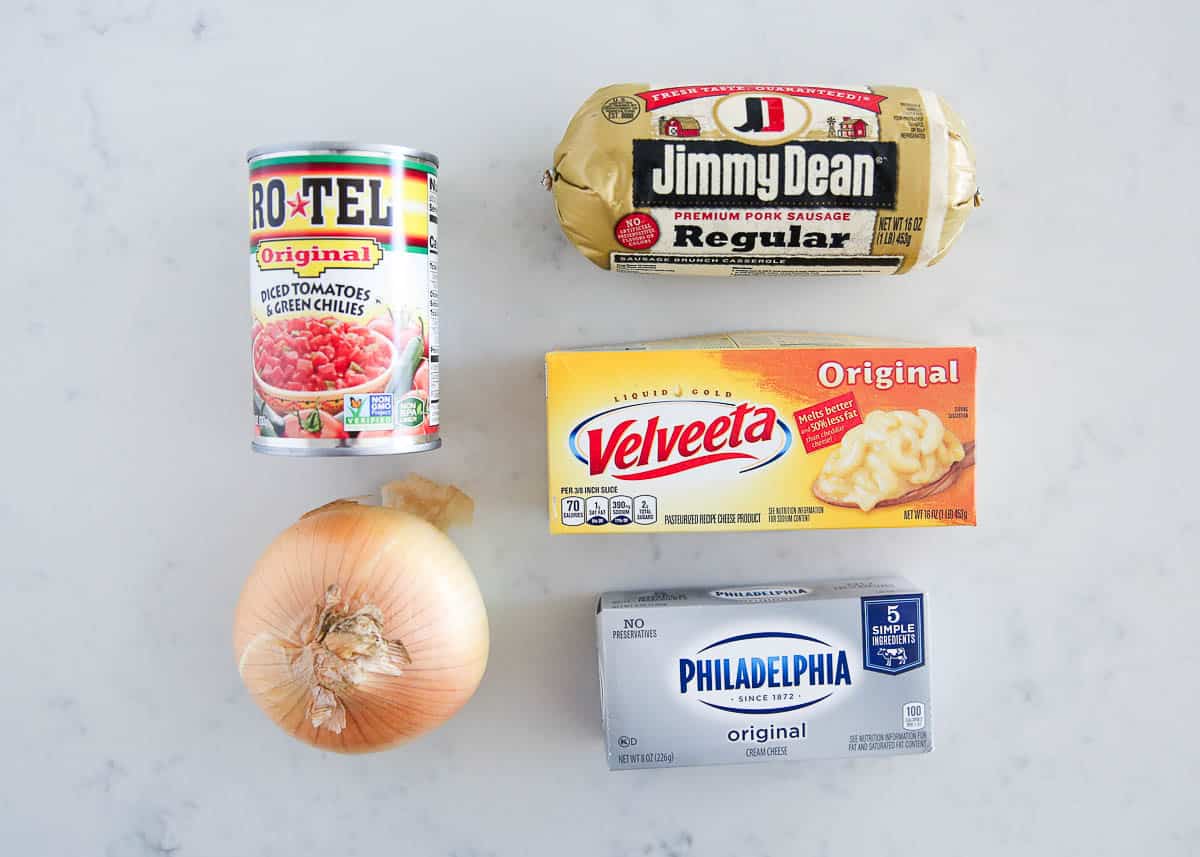 Rotel dip ingredients on counter.