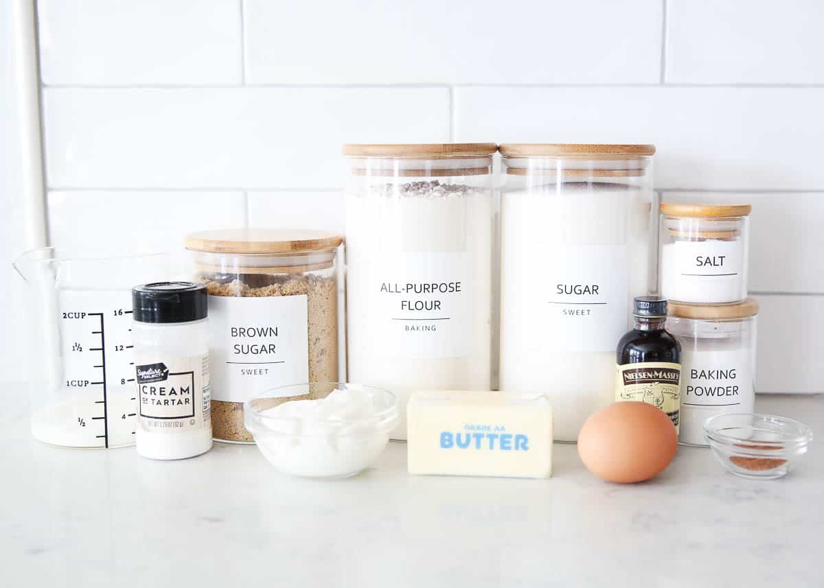 Snickerdoodle muffin ingredients on counter.