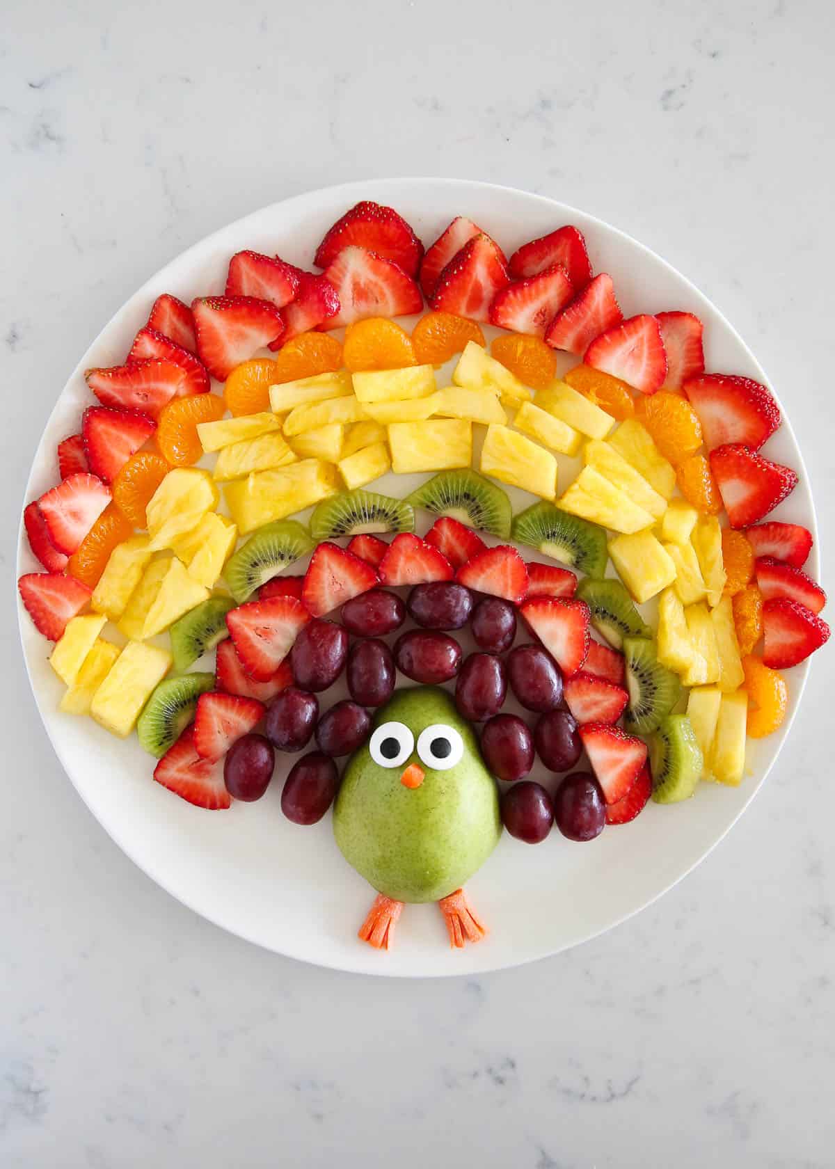 Turkey fruit platter on a white plate.