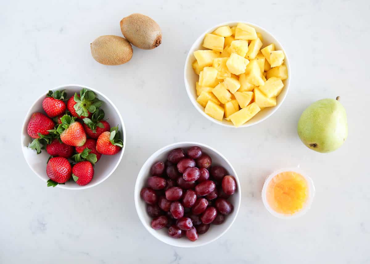 Turkey fruit platter ingredients on counter.