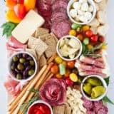 Antipasto platter on a wooden board.