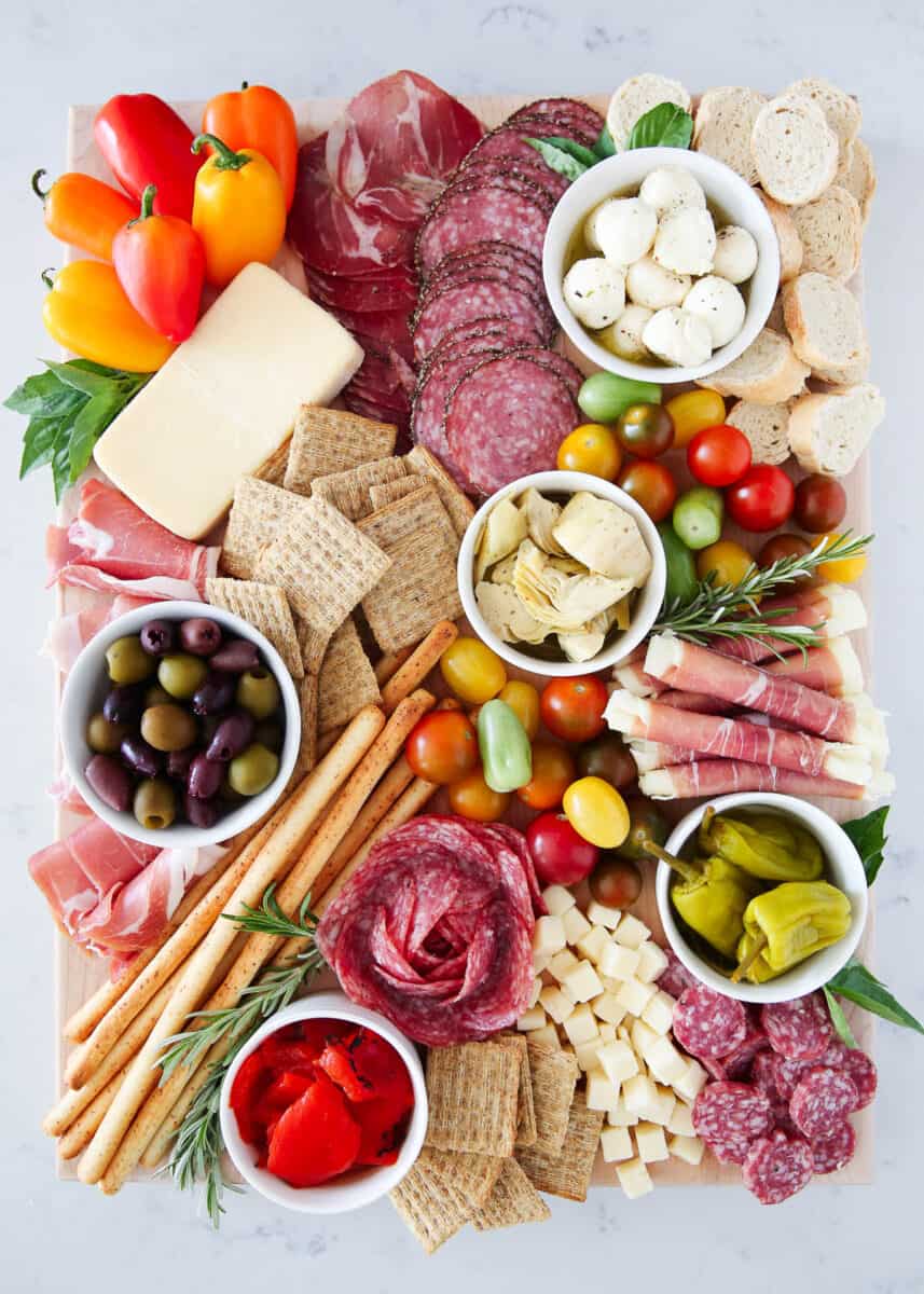 Antipasto platter on a wooden board.