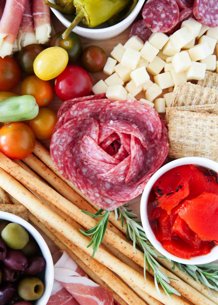 Antipasto platter with a pepperoni flower.