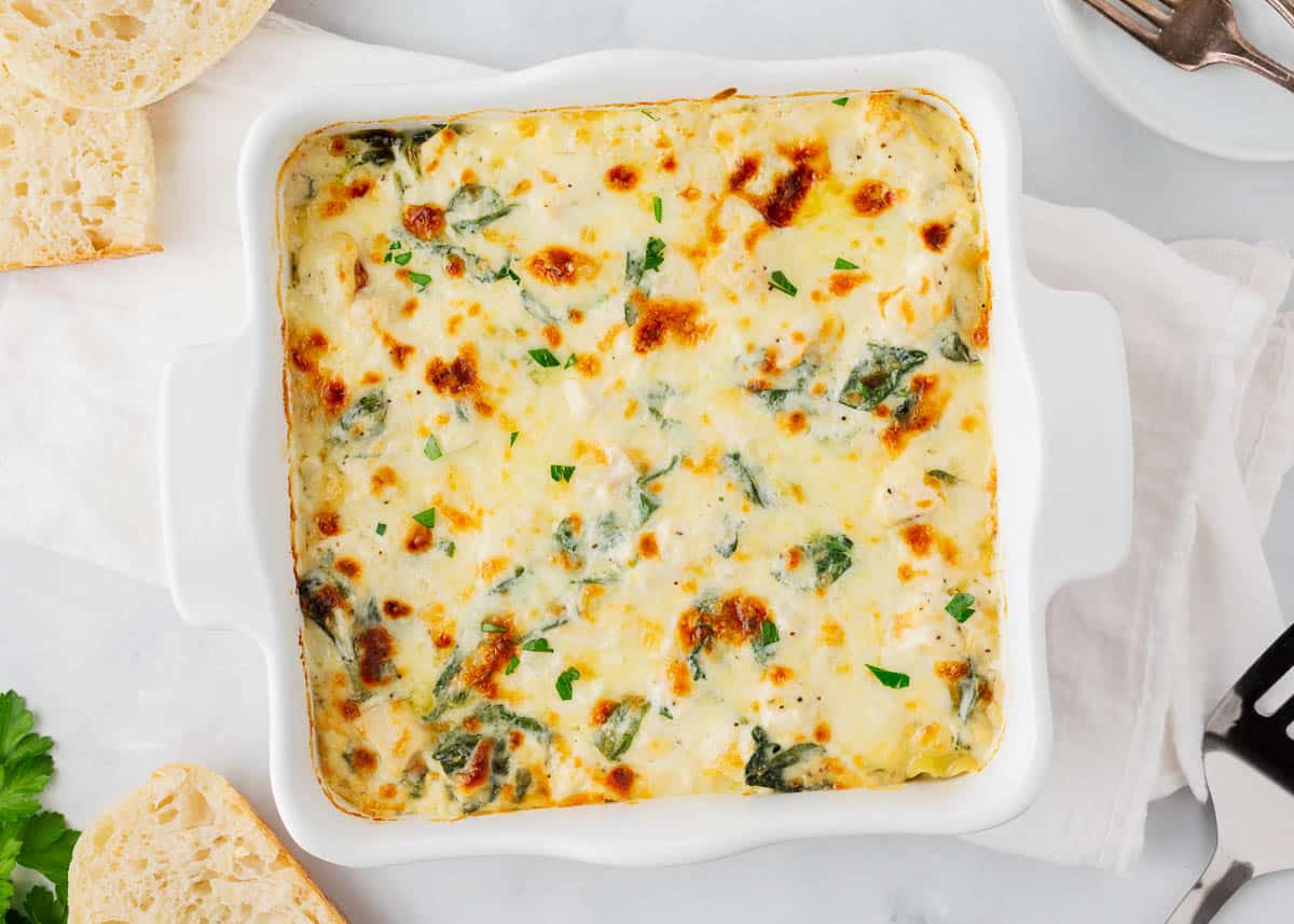 White chicken lasagna in a white baking dish.