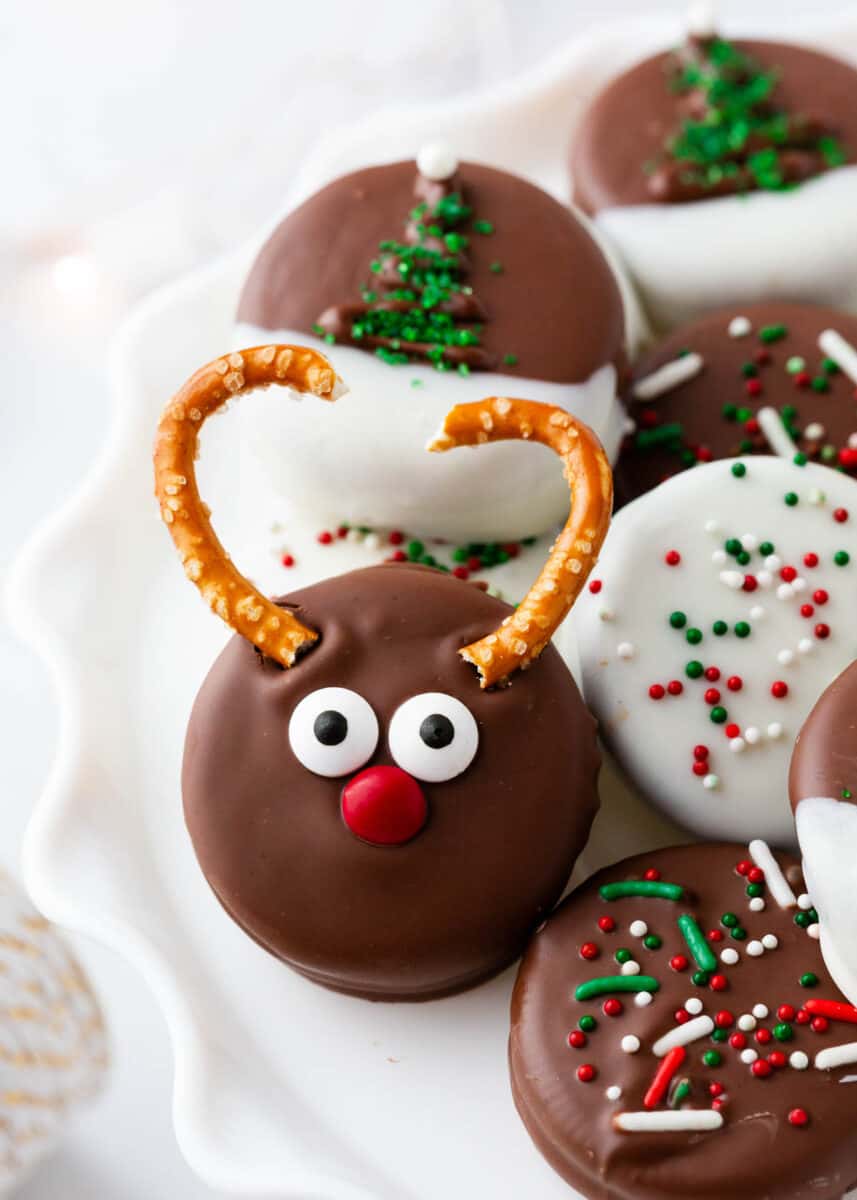 Chocolate covered Christmas oreos decorated as a reindeer.