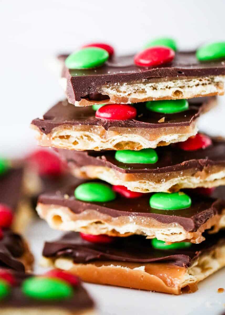 Christmas crack stacked on a white counter.