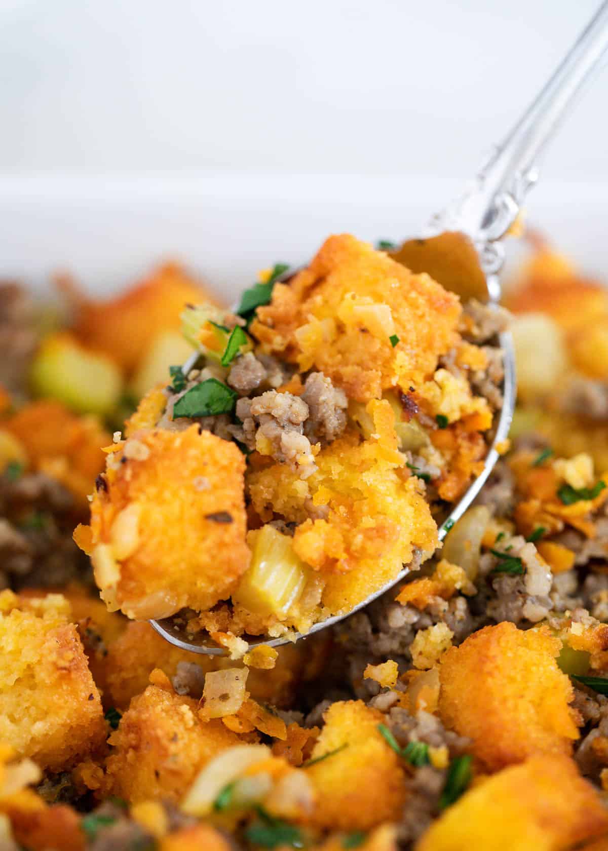 Spoonful of cornbread stuffing.