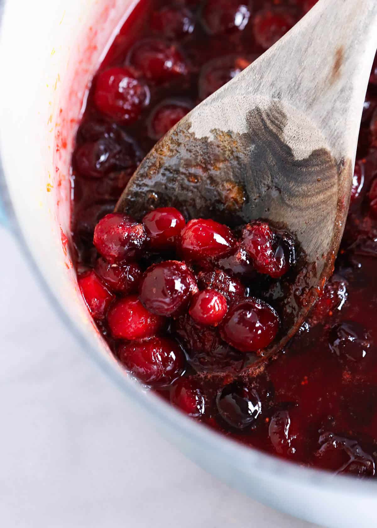 Spoonful of cranberry sauce in a pot.