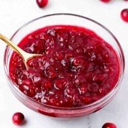 Cranberry sauce in a glass bowl.