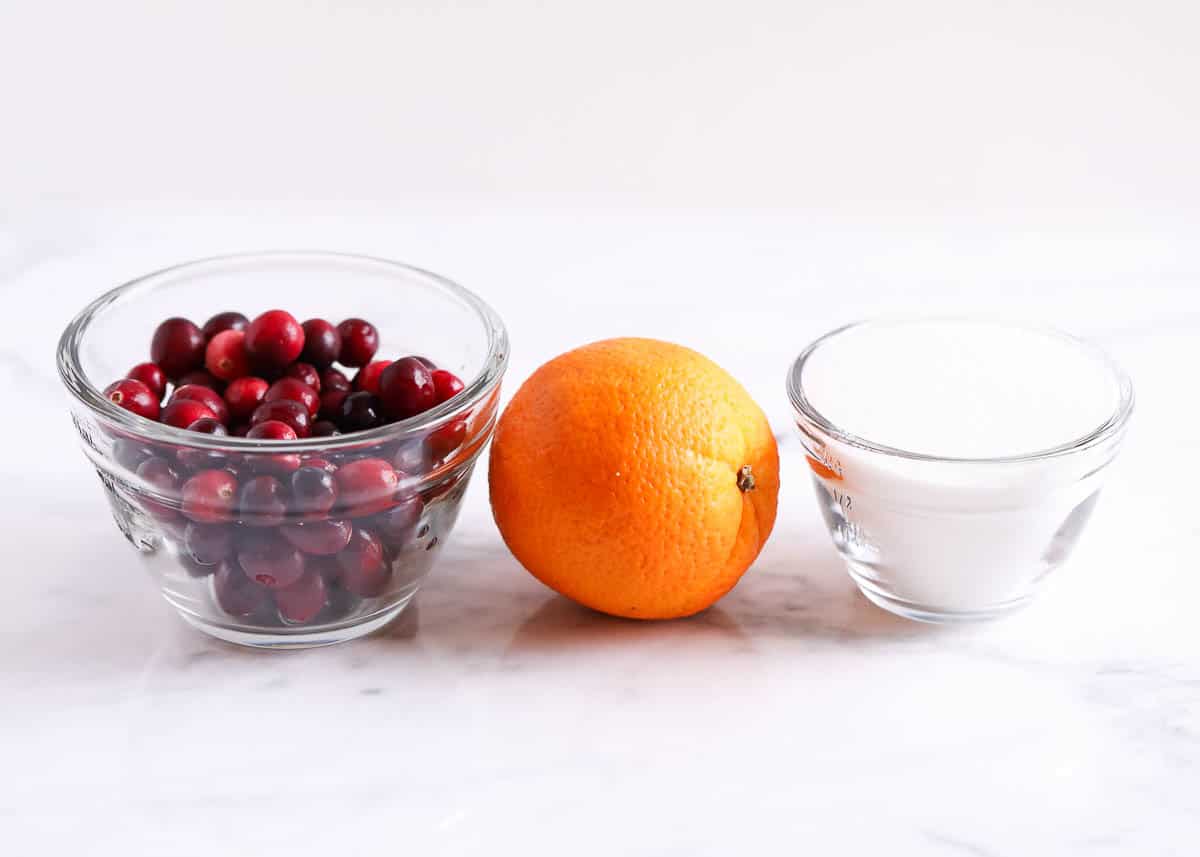 Cranberry sauce ingredients on counter.