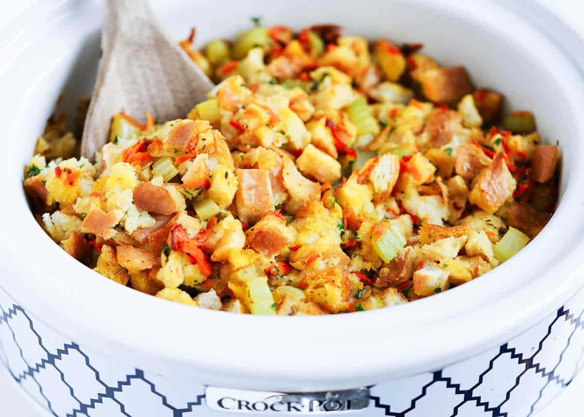 Stuffing cooked in a crockpot.