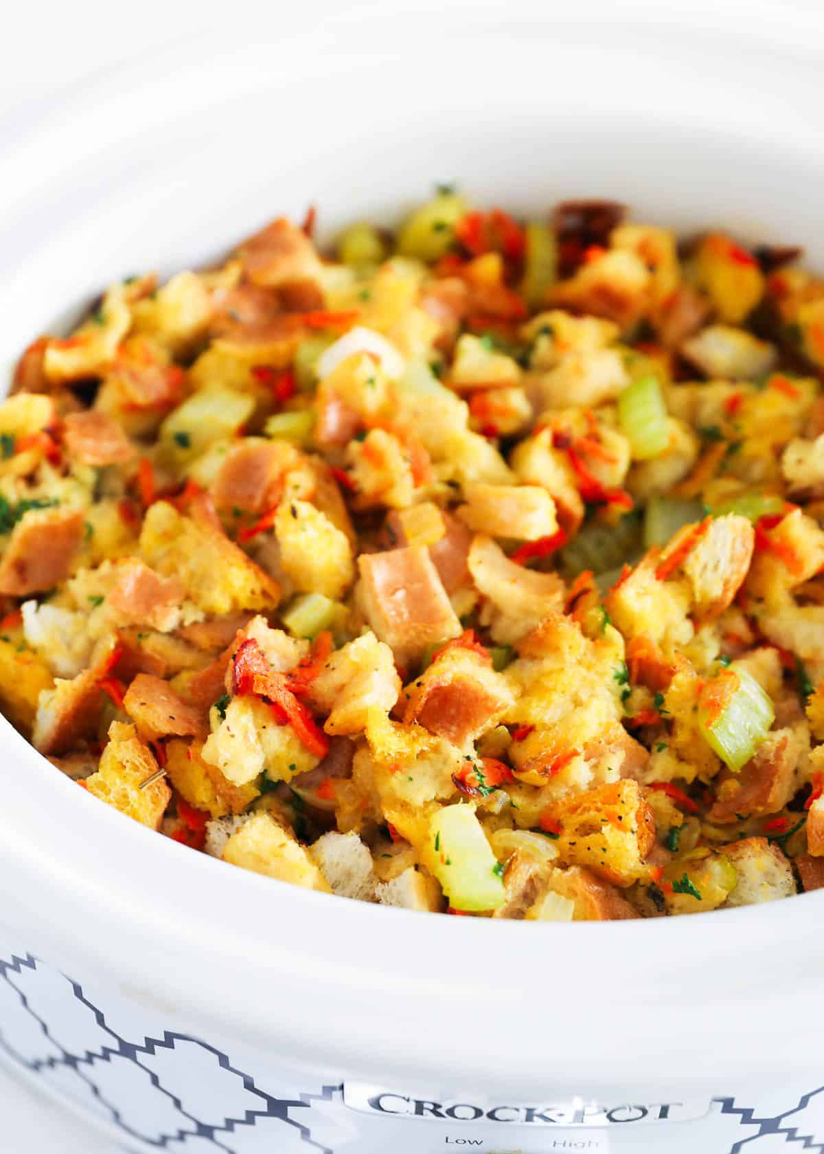 Crockpot stuffing on counter.