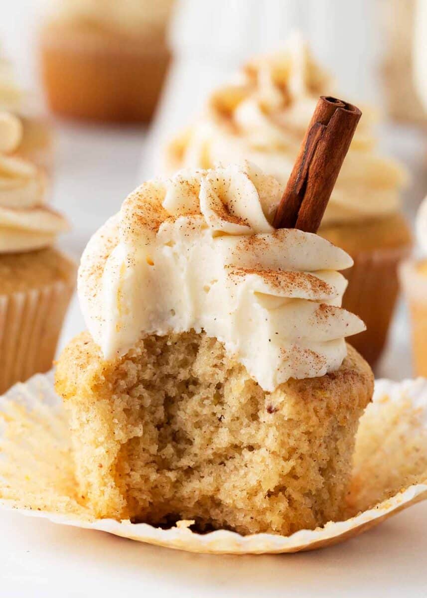 Eggnog Cupcake with a Bite Missing.