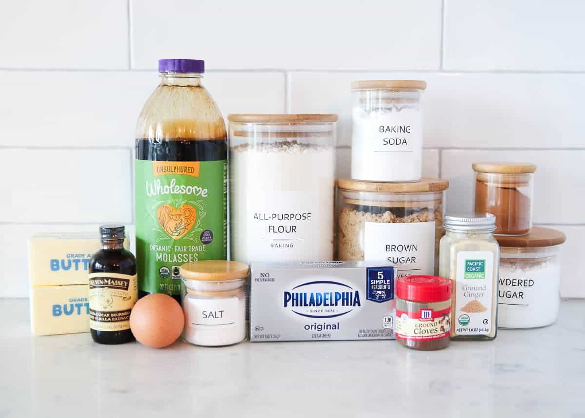 Gingerbread whoopie pie ingredients on the counter.