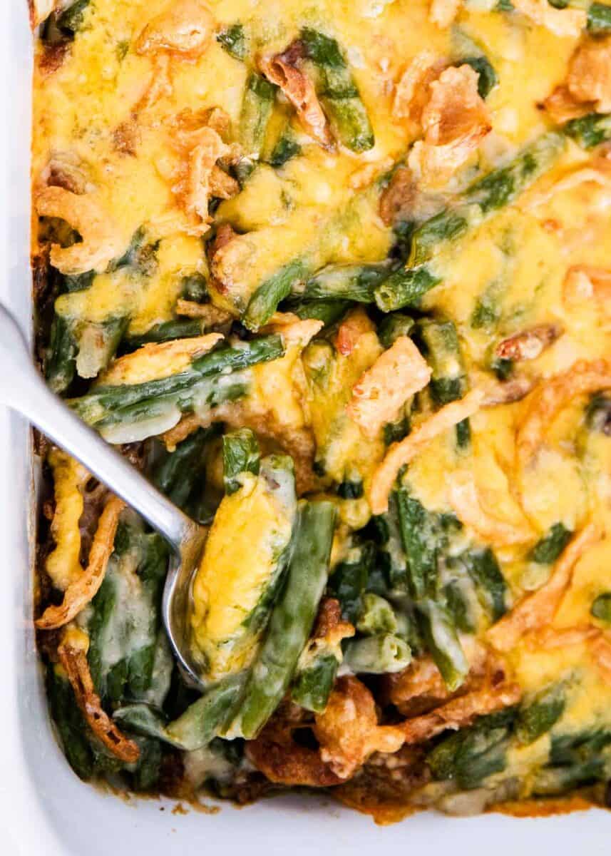 Green bean casserole cooked in a baking dish.