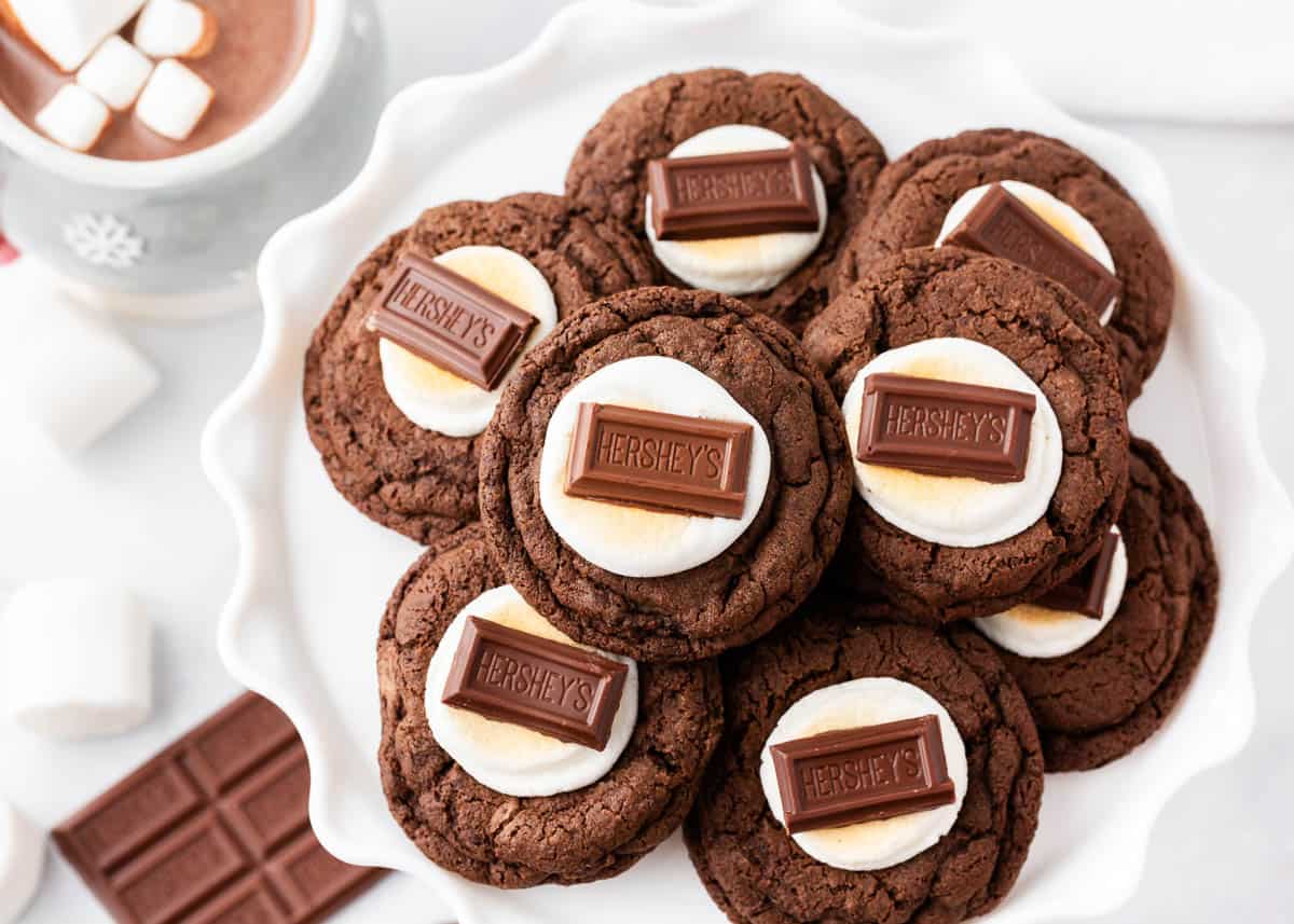 Hot chocolate cookies on a white plate.