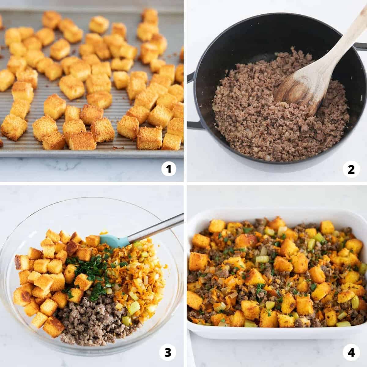 Showing how to make cornbread stuffing in a 4 step collage.