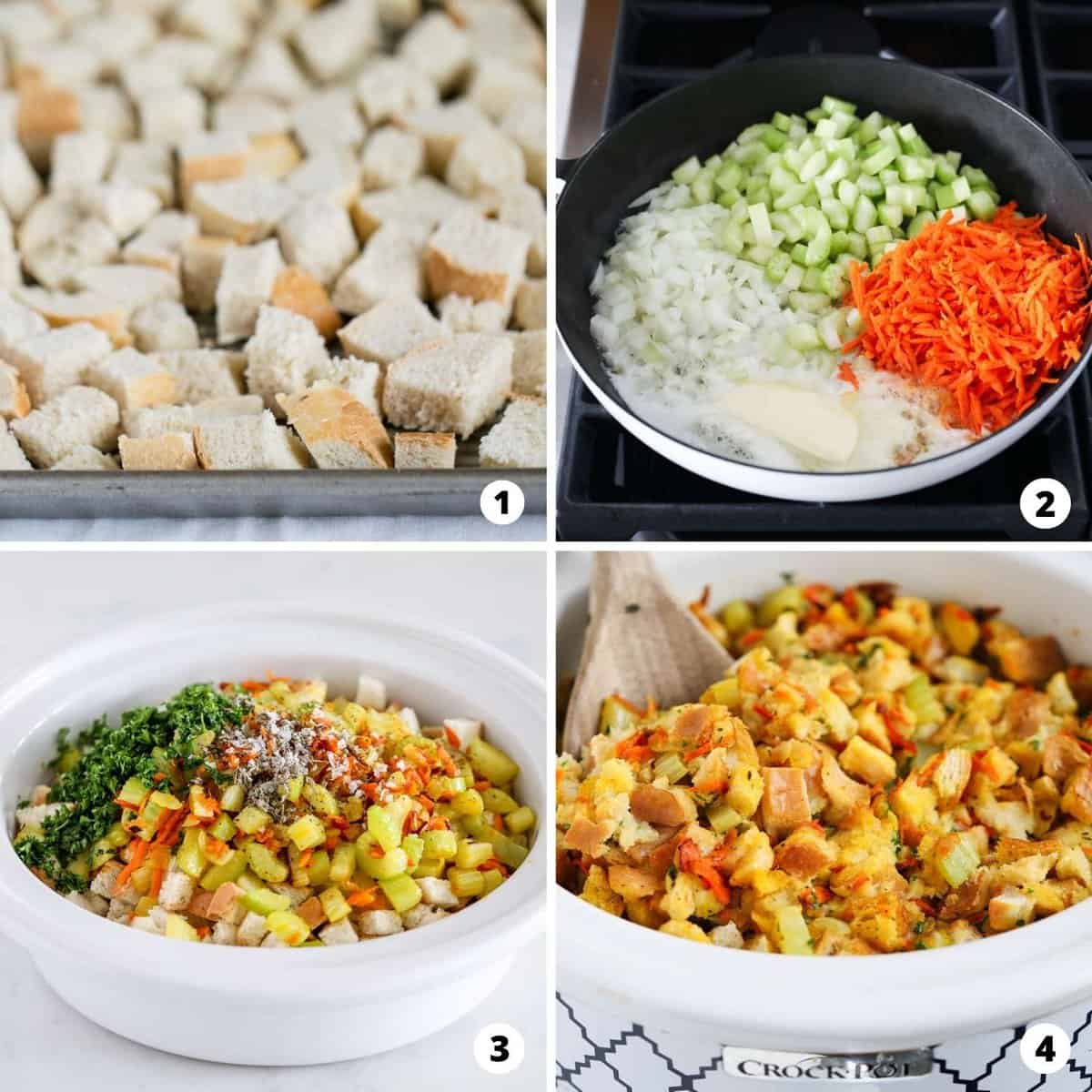 Showing how to make crockpot stuffing in a 4 step collage.