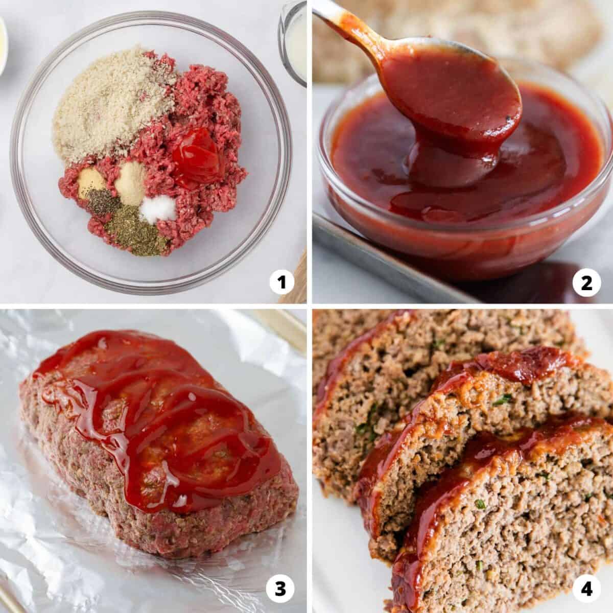 Showing how to make meatloaf in a 4 step collage.
